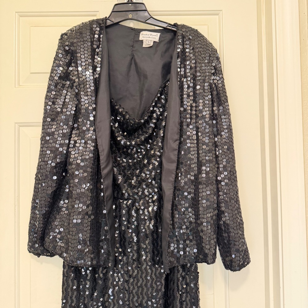 Beaded Dreams Sequin Dress &Jacket Set Womens Large Black Formal Silk 2pc Midi